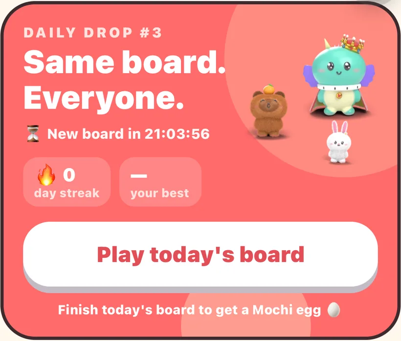 The Daily Drop card in Petopia: same board, everyone, with a countdown to the next board