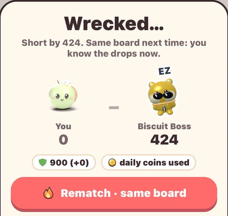 A Pal Duel result: the winner gloats with an EZ sticker and the loser's big button is Rematch on the same board