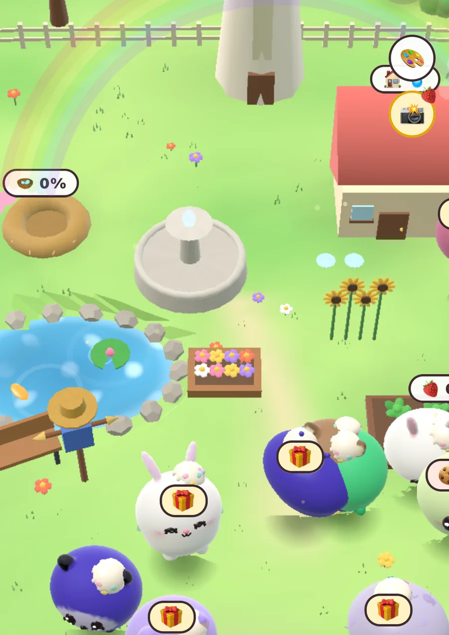 Mochi Meadow in 3D: a windmill, a rainbow, a fountain, sunflowers, a pond and pals holding gifts